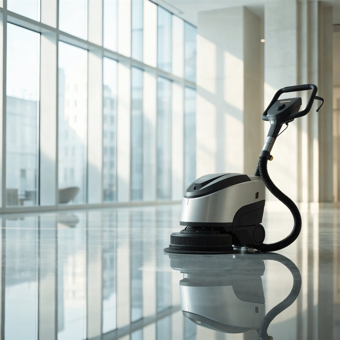 Frisch gereinigtes modernes Büro mit professioneller Reinigungsmaschine